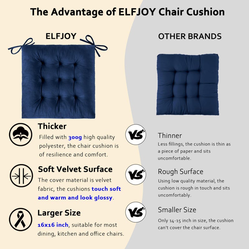 ELFJOY 4 Pack Chair Cushions for Dining Chairs Chair Pads Cushion for Kitchen Office Tufted Square Seat Cushion with Ties (16" Navy Velvet) - Image 2